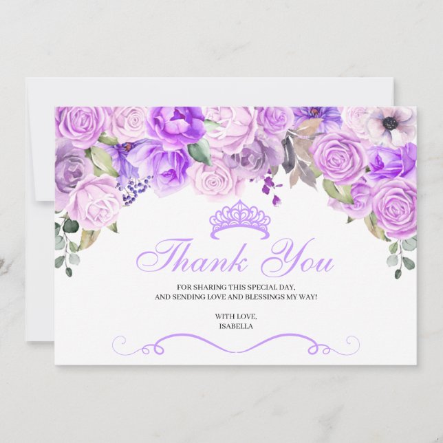 Élégant Lilac violet Floral Quinceanera Merci (Devant)
