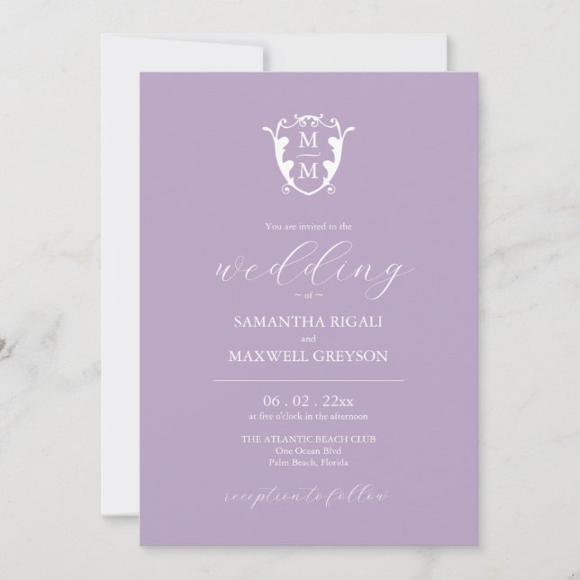 Élégant Lilac violet Monogramme Mariage Invitation (Devant)