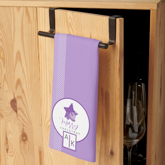 Elegant Lilac Violet Tartan Monogram Kitchen Towel (Thirds Fold)