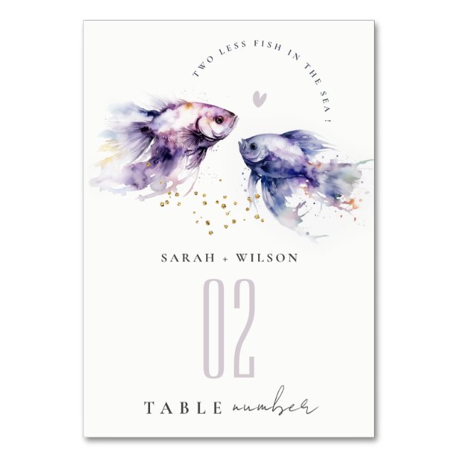 Elegant Lilac Watercolor Coastal Fish Wedding Table Number (Front)