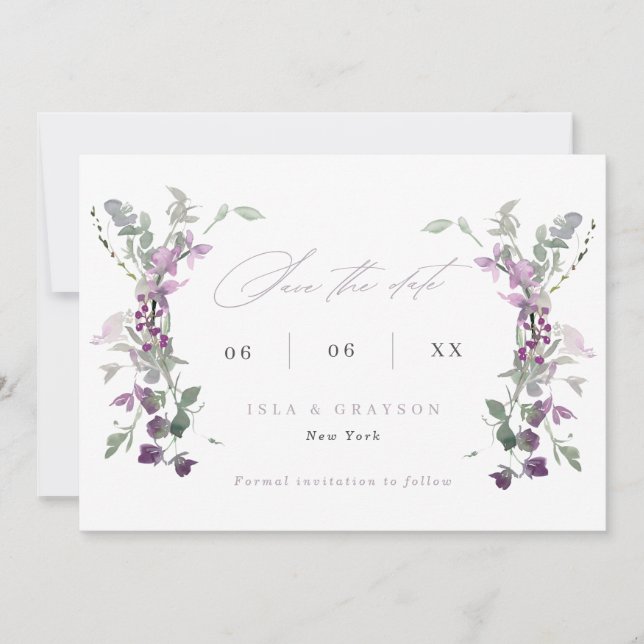 Elegant Lilac Wildflowers Wedding QR Code Save The Date (Front)