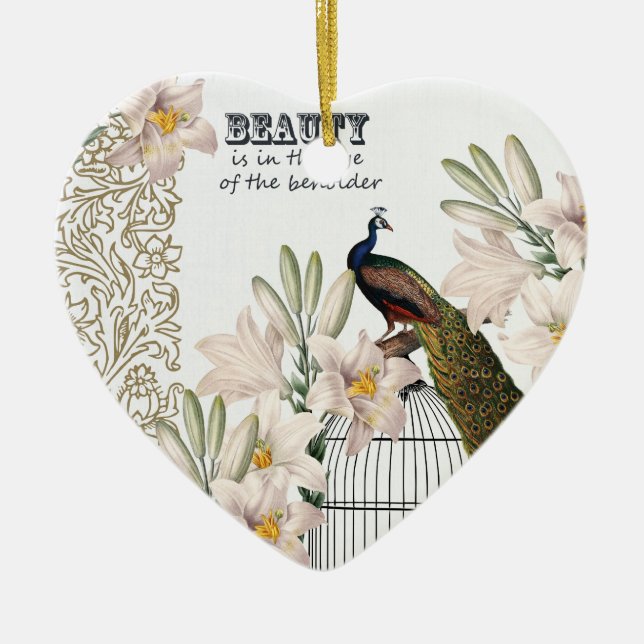 Elegant Lilies Peacock Heart Ceramic Ornament (Front)