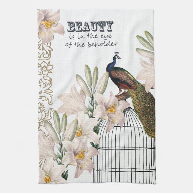 Elegant Lilies Peacock Kitchen Towel (Vertical)