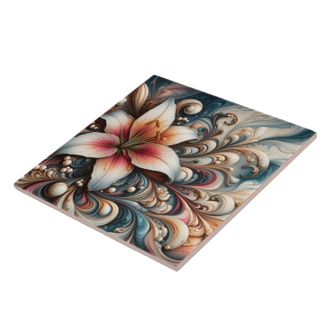 Elegant Lily Among Intricate Swirls and Patterns Tile (Side)