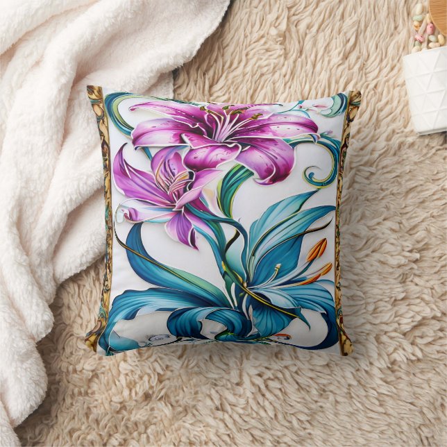 Elegant Lily Artwork With Vibrant Colours Throw Pillow (Blanket)