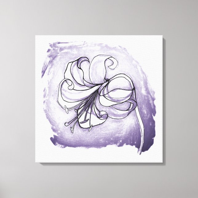 Elegant Lily Flower Purple & White Floral Drawing Canvas Print (Front)