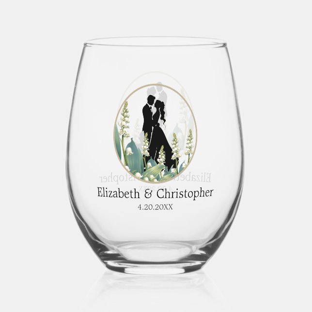 Elegant Lily of the Valley Wedding Stemless Wine Glass (Front)