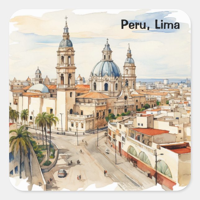 Elegant Lima Peru Watercolor Panorama View Square Sticker (Front)