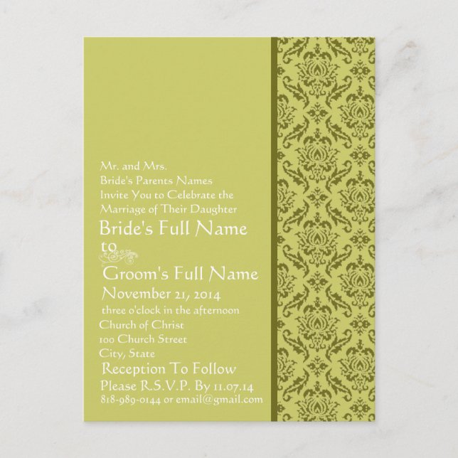 Elegant  Lime Damask  Wedding Invitation Postcard (Front)