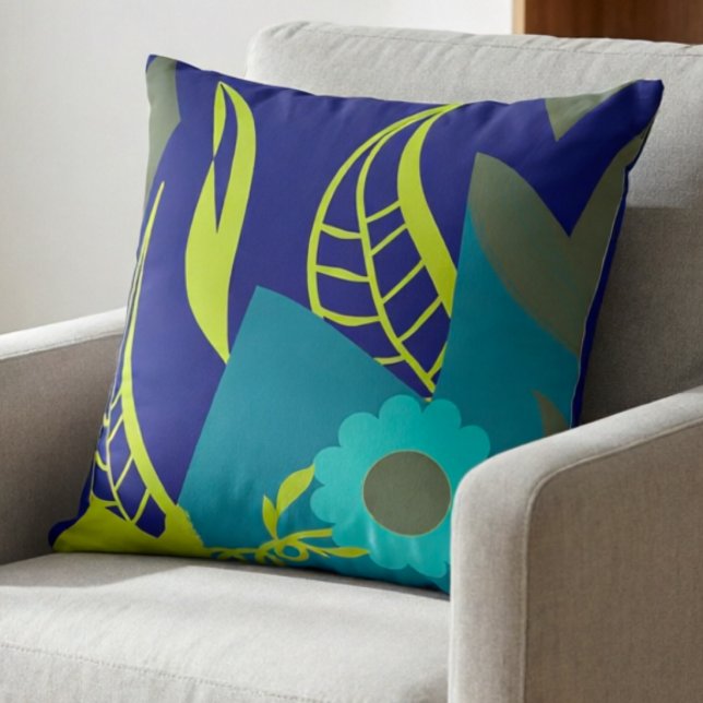 Elegant Lime Green And Navy  Throw Pillow (Bright leaves, bold colors this hand drawn pillow brings instant joy to your couch.)