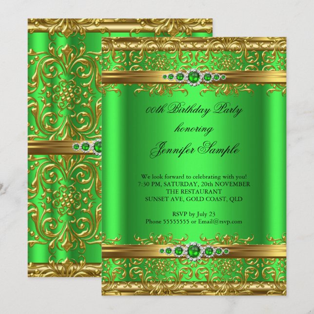 Elegant Lime Green Gold Damask Diamond Birthday Invitation (Front/Back)