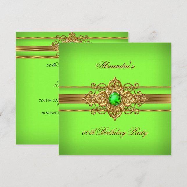 Elegant Lime Green Jewel Gold Birthday Party Invitation (Front/Back)