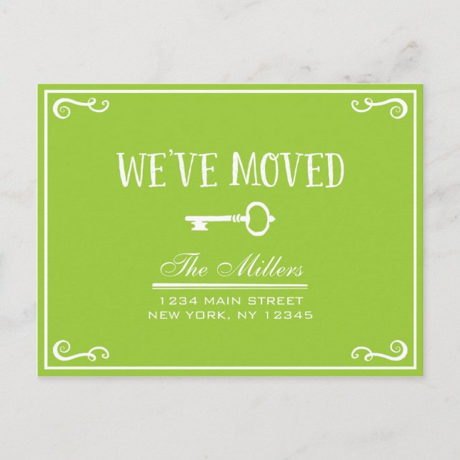 Elegant Lime Green Key Moving Announcement (Front)
