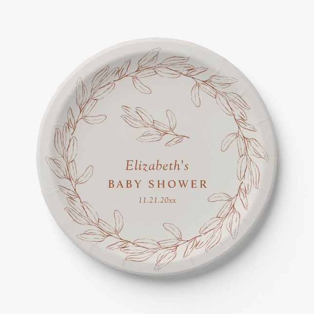 Elegant Line Art Botanical Baby Shower Paper Plate (Front)