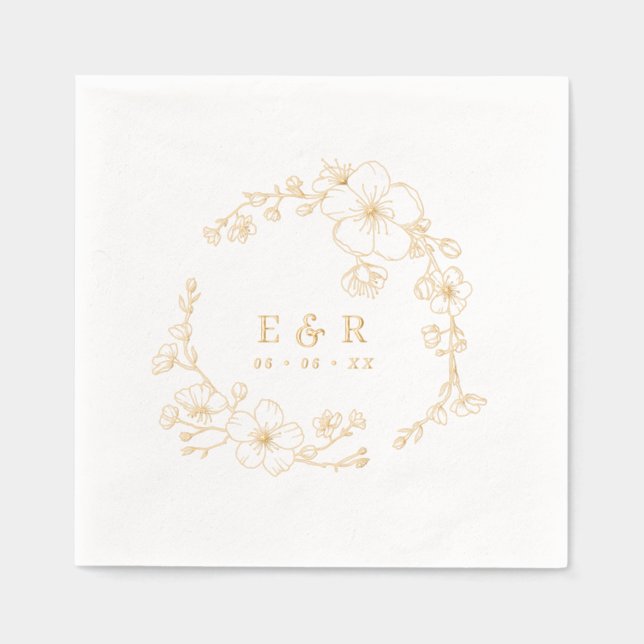 Elegant Line Drawn Blossoms Monogram Wedding Foil Napkins (Front)