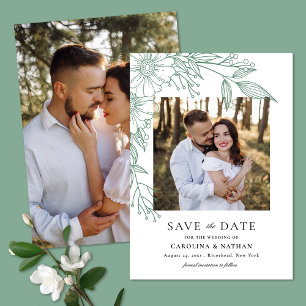 Elegant Line Drawn Floral Green 2 Photo Wedding Save The Date