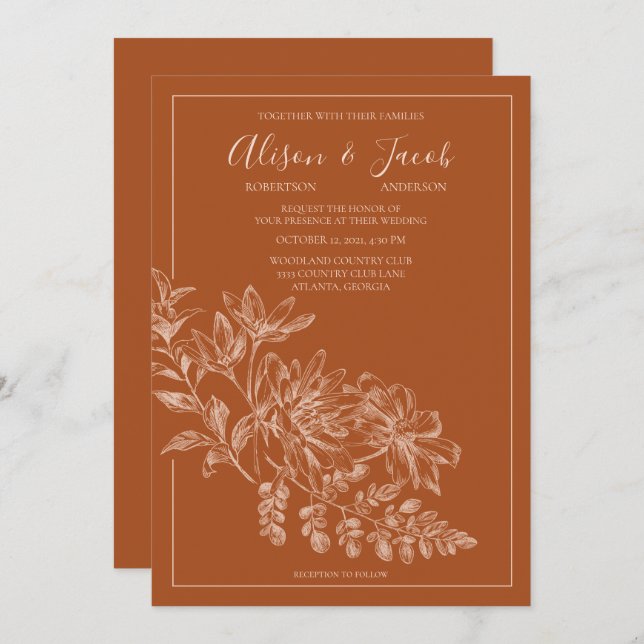 Elegant Line Drawn Floral Terra Cotta Wedding Invitation (Front/Back)