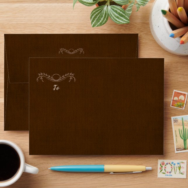 Elegant Line Floral Linen Espresso Brown Wedding Envelope (Desk)