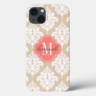 Elegant Linen Beige Damask Personalized iPhone 13 Case