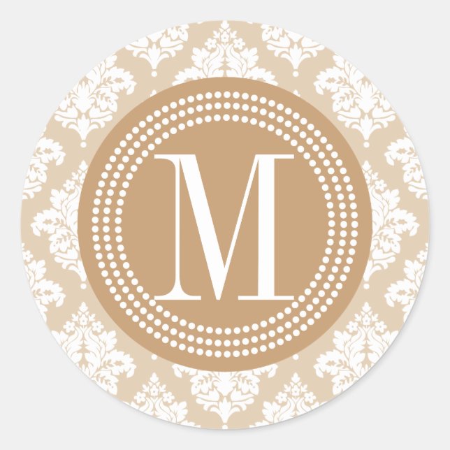 Elegant Linen Beige Damask Personalized Classic Round Sticker (Front)