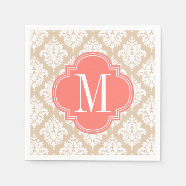 Elegant Linen Beige Damask Personalized Napkin (Front)