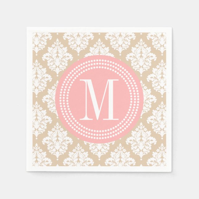 Elegant Linen Beige Damask Personalized Napkin (Front)