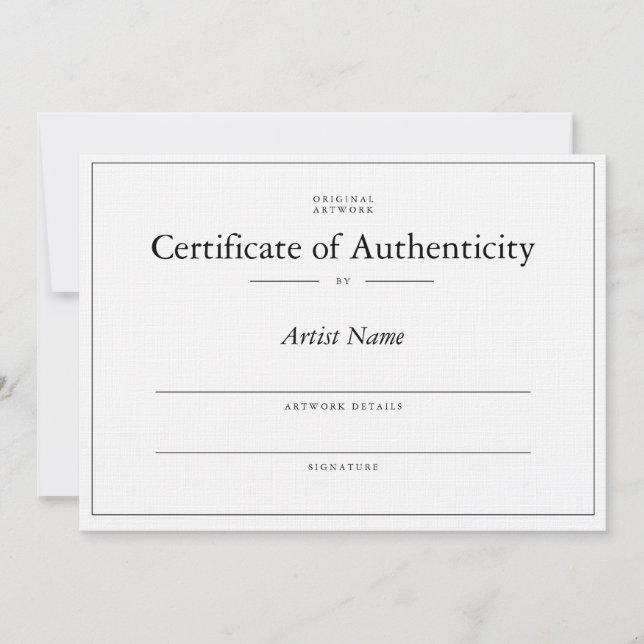 Elegant, linen Certificate of Authenticity for art Thank You Card (Front)
