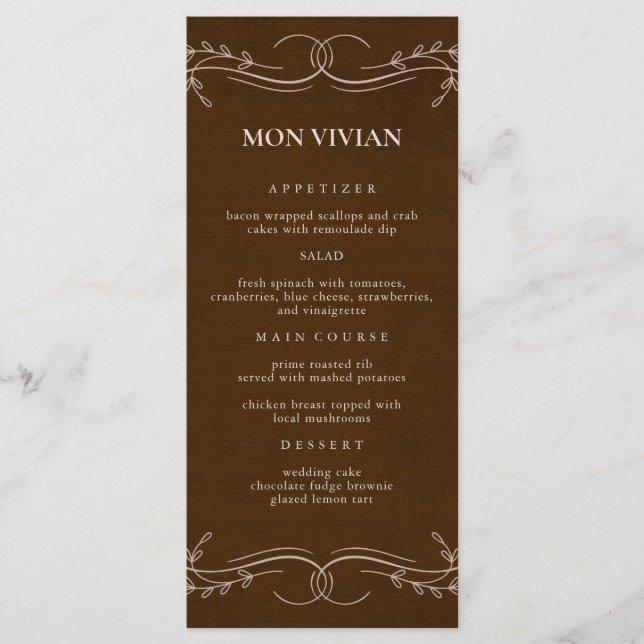 Elegant Linen Espresso Brown Guest Name Dinner Menu (Front)