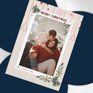 Elegant Linen Floral Merry Christmas Photo Holiday Card