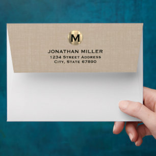 Elegant Linen Gold Monogram Return Address Envelope