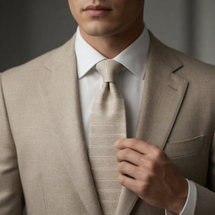 Elegant Linen Stripe Neutral Beige Tie