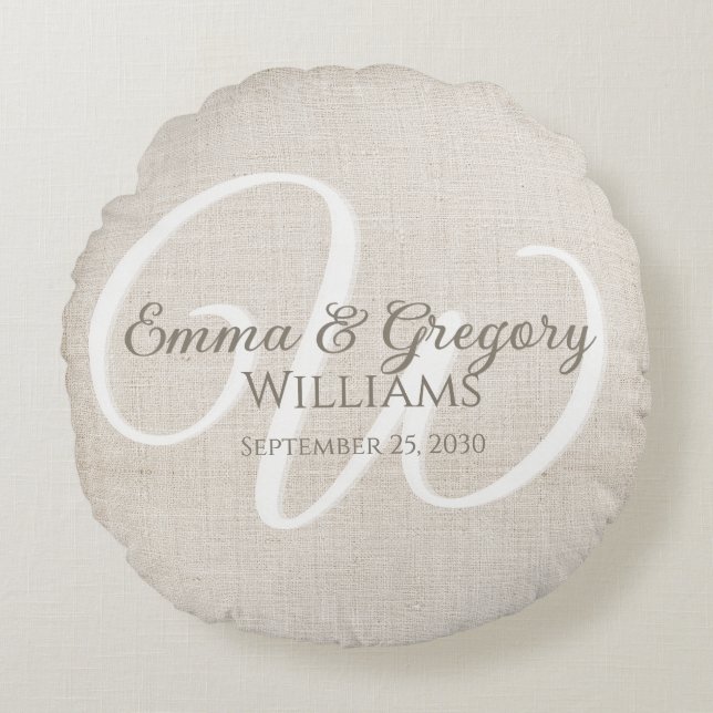 Elegant Linen White Monogram Round Pillow (Front)