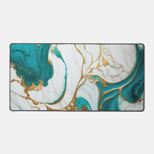 Elegant Liquid Marble Modern White Teal Gold Desk Mat (Front)