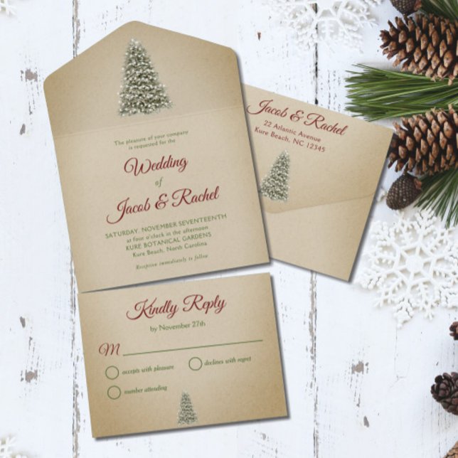 Elegant Lit Christmas Tree on Kraft Paper Wedding All In One Invitation (Creator Uploaded)