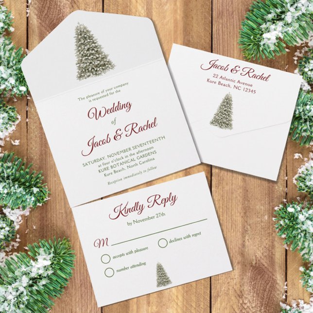 Elegant Lit Christmas Tree Red & Green Wedding All In One Invitation (Creator Uploaded)