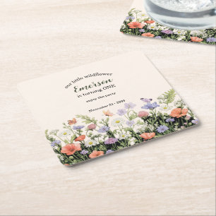 Elegant Little Wildflower 1st Birthday Party Square Paper Coaster