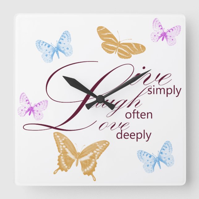 Elegant Live Laugh Love Butterflies Square Wall Clock (Front)