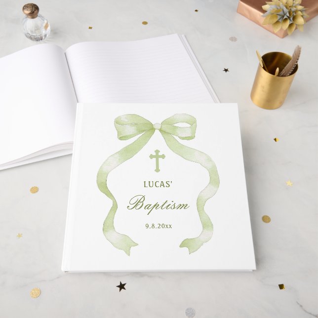 Élégant livre d'invités Baptême de la Bow verte (Recto ouvert)