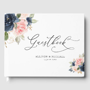 Elégant livre d'or mariage floral bleu marine
