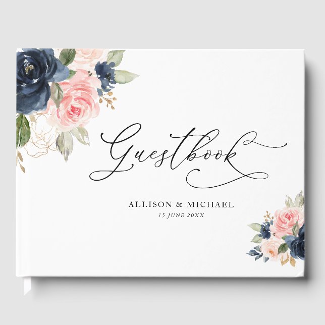 Elégant livre d'or mariage floral bleu marine (Recto)