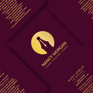 Elegant Loan Signing Agent Modern Gold & Burgundy Square Business Card