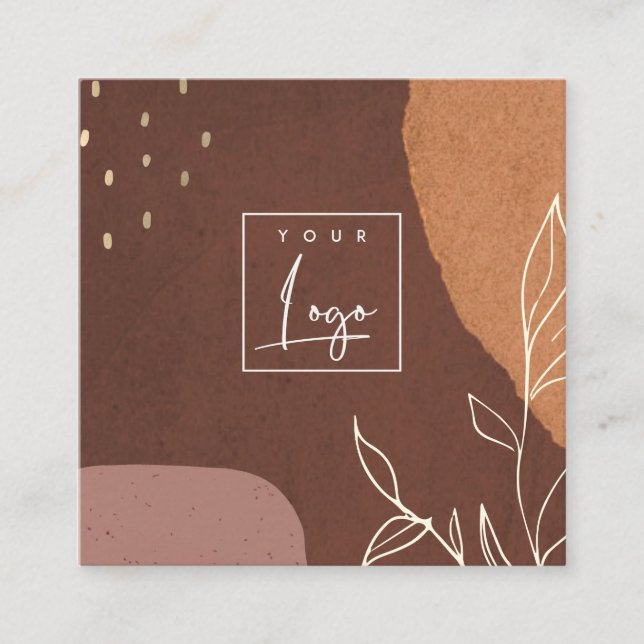 Elegant Logo Abstract Brown Orange Leafy Foliage Square Business Card (Front)