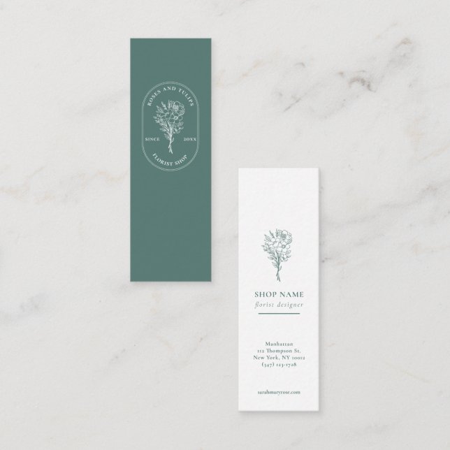 Elegant  logo Green white Florist Minimalist  Mini Business Card (Front/Back)