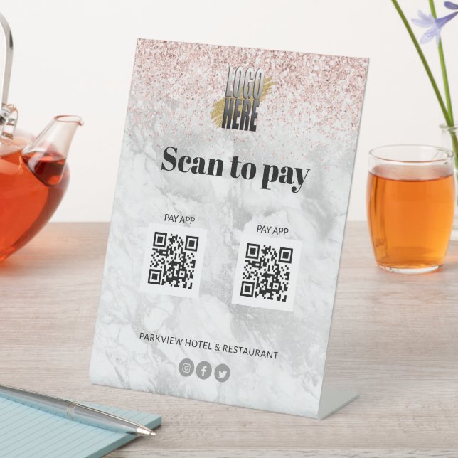 Elegant Logo Scan to Pay Apps 2 QR Codes Marble  Pedestal Sign (In SItu)