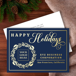 Elegant Logo Wreath Happy Holidays Business Foil Holiday Card