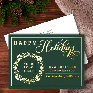 Elegant Logo Wreath Happy Holidays Business Foil Holiday Card