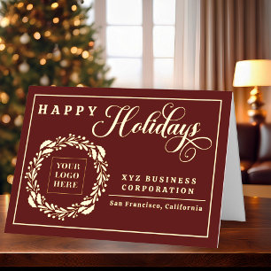 Elegant Logo Wreath Happy Holidays Business Foil Holiday Card