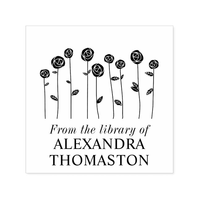 Elegant Long Stem Roses Library Book Name Self-inking Stamp (Design)