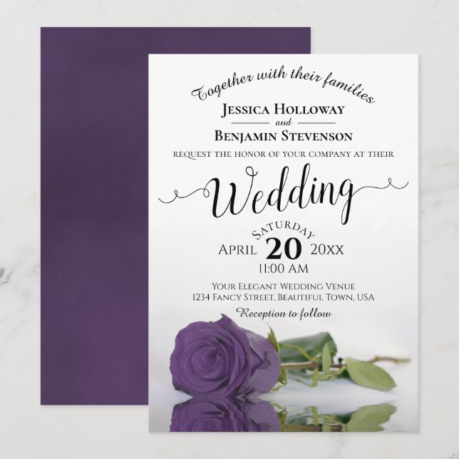Elegant Long Stemmed Amethyst Purple Rose Wedding Invitation (Front/Back)