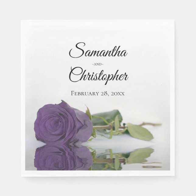 Elegant Long Stemmed Amethyst Purple Rose Wedding Napkin (Front)